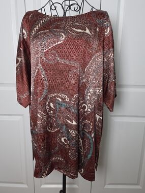 St John XL Silk  Tunic Top Abstract Print Red Teal Oversized Blouse